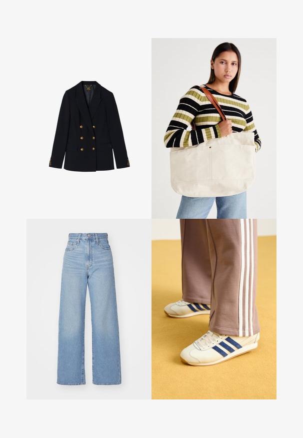 Jūras spēku divrindu jakas, kas izgatavota no strukturētas auduma, ar zelta pogām, iekļautām apakšmalām un kabatām ar atloku. Tekstūru akcenti uz piedurknēm.; Melna ribota īsā topa ar apaļu kakla izgriezumu un bez piedurknēm. Izgatavota no mīksta, elastīga auduma, ar tīrām apgrieztām malām.; Gaiši zili augstās jostas vidukļa platās bikses ar priekšējo pogu un rāvējslēdzēju, priekšējām un aizmugurējām kabatām uz baltā fona.; Krēma krāsas kedas ar zilo zamšādu svītrām, baltām auklām un gumijas zoli. Apvienotas ar pelēkām sporta biksēm ar baltām sānu svītrām.; Liels bežs kanvas iepirkumu maisiņš ar brūnu ādas siksnām, kas piedāvā minimālistisku dizainu un redzamās šuves akcentus.