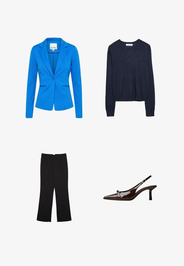 Modrý dobře padnoucí blazer vyrobený z texturované tkaniny. Má klopový límec, zapínání na jeden knoflík a dvě přední kapsy s diskrétním šitím.; Námořnický modrý pletený svetr s kulatým výstřihem a dlouhými rukávy, který má mírně zkrácený lem a žebrované manžety pro zvýšení textury.; Černé kalhoty s rovným střihem, s předními kapsami a bočními rozparky na lemu. Vyrobené z jemné, hladké tkaniny. Vhodné na různé příležitosti.; Hnědé lakované sandály s špičatou špičkou, nízkým podpatkem a dekorativní mašlí na přední části. Hladký, lesklý povrch.