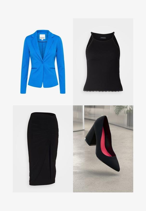 Zils pieguļošs žakets, izgatavots no teksturēta auduma. Tas ir aprīkots ar ieliektiem uzlūkiem, vienu pogu aizdari un divām priekšējām kabatām ar diskrētu šuvumu.; Melna ribota topiņa ar izšūtu mežģīņu apdari apakšmalā. Iezīmē plānas siksniņas un pielāgotu piegriezumu. Izgatavota no stiepjama auduma.; Melna, ručām veidota zīda svārku ar saišu detaļu un sānu izgriezumu. Izgatavota no elastīga auduma, ar gludu tekstūru un pieguļošu dizainu.; Melna augsta papēža kurpe ar smailu purngalu, teksturētu virsmu un dzīvespriecīgu rozā interjeru. Satur masīlu papēdi ar sudraba akcentu.