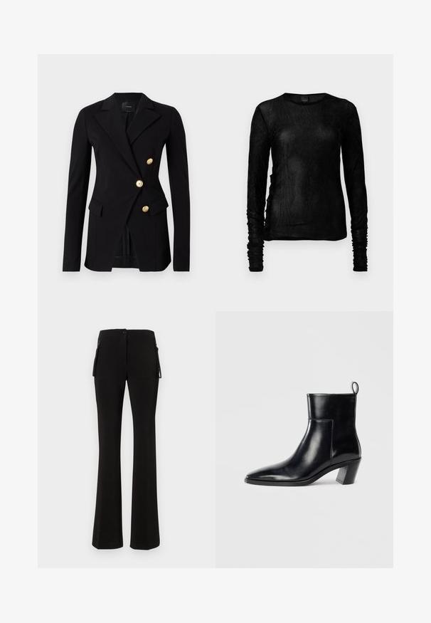 Sacou negru dintr-un material neted, cu o croială ajustată, având un design cu două rânduri de nasturi și nasturi aurii. Include buzunare laterale.; Top negru cu mânecă lungă, realizat dintr-un material texturat, ușor, având accente încrețite pe mâneci și pe cusăturile laterale. Decupaj oval la gât.; Pantaloni negri evazați, confecționați dintr-un material neted și elastic. Dispun de o închidere cu buton în față și buzunare laterale cu fermoar pentru utilitate suplimentară.; Cizme negre din piele până la gleznă, cu vârful ascuțit, toc geometric patrulat și un manșon pentru tragere în spate. Textură netedă și design elegant.