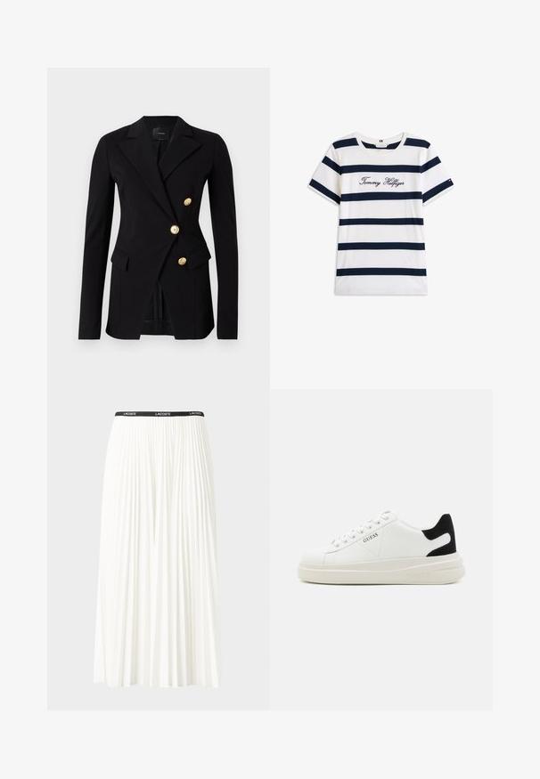 Czarna marynarka z gładkiego materiału, o dopasowanym kroju, z podwójnym zapięciem i guzikami w odcieniu złota. Zawiera boczne kieszenie.; Bawełniana koszulka z poziomymi granatowymi paskami na białym tle. "Tommy Hilfiger" wyszyte kursywą na klatce piersiowej. Okrągły dekolt.; Plisowana biała spódnica z czarnym elastycznym pasem z logo "LACOSTE". Średniej długości, o miękkiej teksturze.; Białe skórzane sneakersy z grubą białą podeszwą, czarnym zamszowym akcentem na pięcie oraz wytłoczonym logotypem z boku. Projekt z sznurówkami i sześcioma dziurkami.