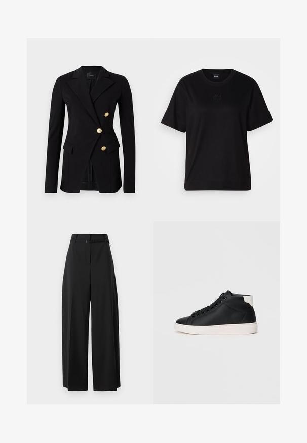 Juodas švarkas, pagamintas iš lygios medžiagos, su pritaikytu siluetu, turintis dvigubą užsegimą ir auksinės spalvos mygtukus. Įtraukti šoniniai kišenės.; Juodas medvilninis marškinėliai su apvalia iškirpte, trumpomis rankovėmis ir siuvinėjimu ant krūtinės. Paprastas, laisvas siluetas be raštų.; Juodos plačios kelnes su aukštu juosmeniu ir diržu. Pasižymi lygiu paviršiumi ir švariomis linijomis, sukurtos patogiam prigludimui.; Juodi aukšti sportbačiai, pagaminti iš lygaus odos, su balta gumine padanga, apipavidalintais apvaliais raišteliais, paminkštinta apykakle ir kontrastinga kulno akcentu.