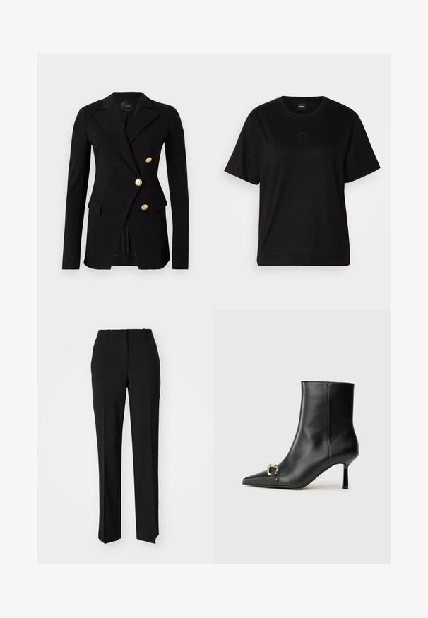 Černý blazer vyrobený z hladké tkaniny s přiléhavým střihem, s dvouřadým zapínáním a zlatými knoflíky. Obsahuje boční kapsy.; Černé bavlněné tričko s kulatým výstřihem, krátkými rukávy a vyšitým logem na hrudi. Jednoduchý, volný střih bez vzorů.; Černé kalhoty na míru se střihem do rovna, které mají hladkou texturu a ostré sklady na přední straně. Bez viditelného kování.; Černá kožená kotníková bota s špičatou špičkou, úzkým středně vysokým podpatkem a stříbrnou sponou na straně, na jednobarevném pozadí.