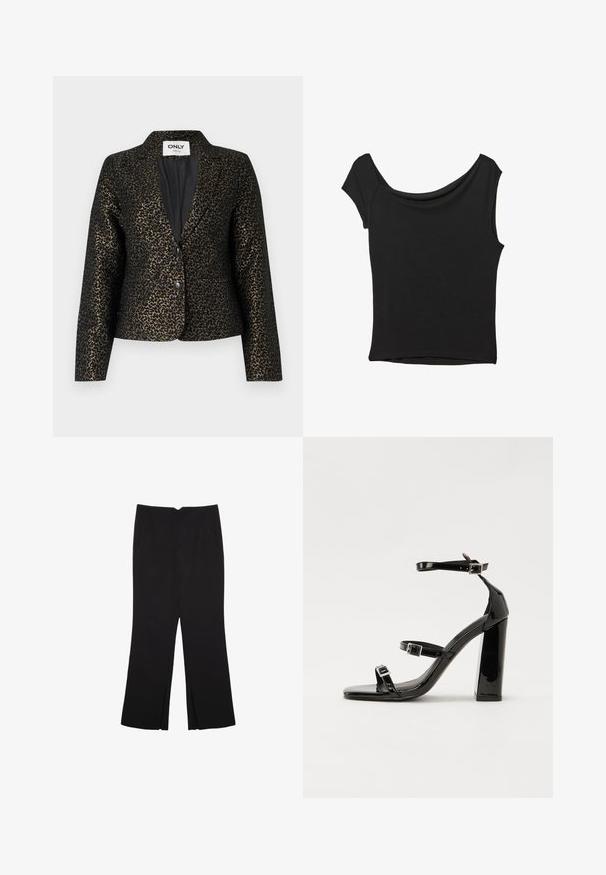 Sort og guld leopardprint blazer med en enkelt knaplukning, kontrasterende revers og to forlommer. Blødt, struktureret materiale.; Sort kortærmet top lavet af glat stof; har en draperet halsudskæring og en asymmetrisk kant, med en tætsiddende pasform.; Sorte bukser med lige pasform, der har frontlommer og slidser i kanten. Lavet af blødt, glat stof. Velegnet til forskellige anledninger.; Sorte patenterede hælsandaler med firkantet tå, ankelremme og sølvspænder. Har en chunky blokHæl for stabilitet.