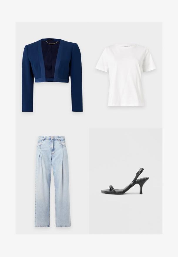 Giacca cropped blu navy con maniche lunghe, realizzata in tessuto liscio, caratterizzata da un profondo scollo a V e dettagli di design minimalisti.; T-shirt bianca in cotone con maniche corte, scollatura rotonda e vestibilità rilassata. Struttura liscia, senza motivi né accenti, design minimalista.; Jeans in denim azzurro chiaro con vita alta, taglio a gamba larga, due tasche laterali e design plissettato. Texture morbida con una finitura sbiadita.; Sandali con tacco alto in pelle nera, con tacco sottile e curvo e design a fascia incrociata. Cinghia alla caviglia regolabile. Texture liscia.