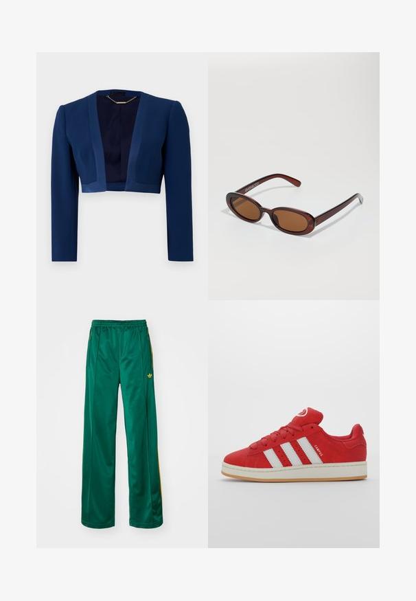 Morsko plava skraćena jakna s dugim rukavima, izrađena od glatkog materijala, s dubokim V-izrezom i minimalističkim dizajnerskim detaljima.; Dugi rukav s majicom od boje krem, s blagim nabráním sa strane i klasičnim ovratnikom. Glatka tekstura, jednostavan dizajn.; Zelene satenice sportske hlače sa opuštenim krojem, s žutim prugama i izvezenim logotipom s lijeve strane. Elastična pojas.; Crvene nubuk tenisice s tri bijele pruge, gumeni đon, zaobljen vrh i podstavljeni jezik, s detaljem "CAMPUS" na strani.; Okvir okruglih, smeđkastih sunčanih naočala s sjajnim burgundskim okvirom. Uski nositelji s suptilnim brendiranjem. Ravna leća.