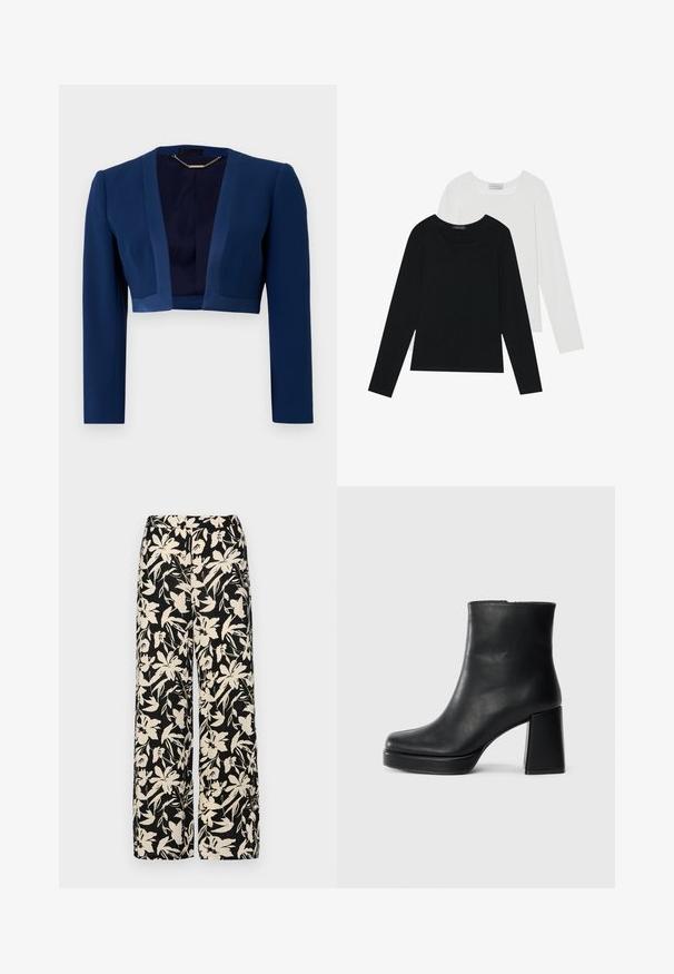 Tummansininen lyhyt takki pitkillä hihoilla, valmistettu sileästä kankaasta, jossa on syvä V-pääntie ja minimalistinen muotoilu.; Kaksi pitkähihainen paitaa, yksi musta ja yksi valkoinen, molemmat neliönmallisella kaula-aukolla ja pehmeästä, joustavasta kankaasta valmistettu.; Mustat leveälahkeiset housut, joissa on kermaisen värinen kukkakuosi. Valmistettu kevyestä kankaasta, jossa on sileä pinta ja korkea vyötärö.; Musta nahkasaapas nilkkapituisena, jossa on paksu korko ja alustapohja, nähtynä sivulta yksinkertaisella valkoisella taustalla.