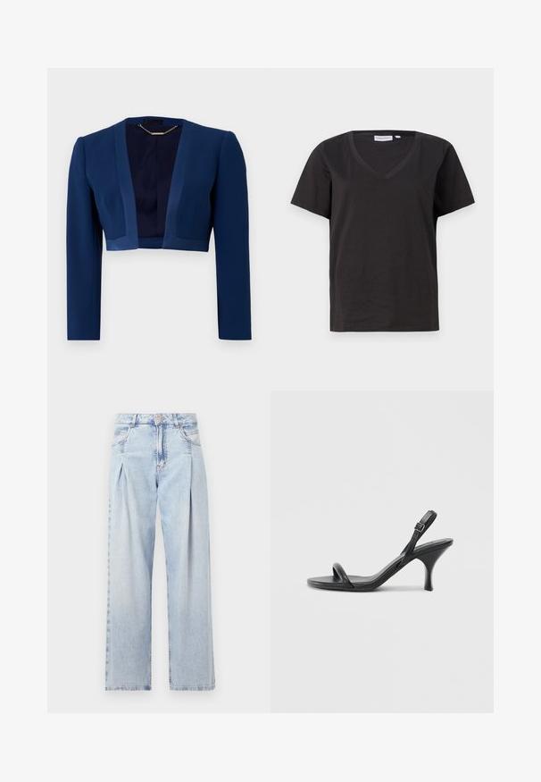 Námořnická modrá zkrácená bunda s dlouhými rukávy, vyrobená z hladké tkaniny, s hlubokým výstřihem ve tvaru V a minimalistickými designovými detaily.; Černé bavlněné tričko s výstřihem do V a krátkým rukávem. Jednoduchý design s klasickým střihem bez vzorů nebo akcentů.; Světlé modré džíny z denimu s vysokým pasem, širokým střihem, dvěma bočními kapsami a nařaseným designem. Měkká textura s vybledlým povrchem.; Černé kožené sandály na vysokém podpatku s úzkým, zakřiveným podpatkem a designem s překříženými popruhy. Nastavitelný pásek kolem kotníku. Hladký povrch.