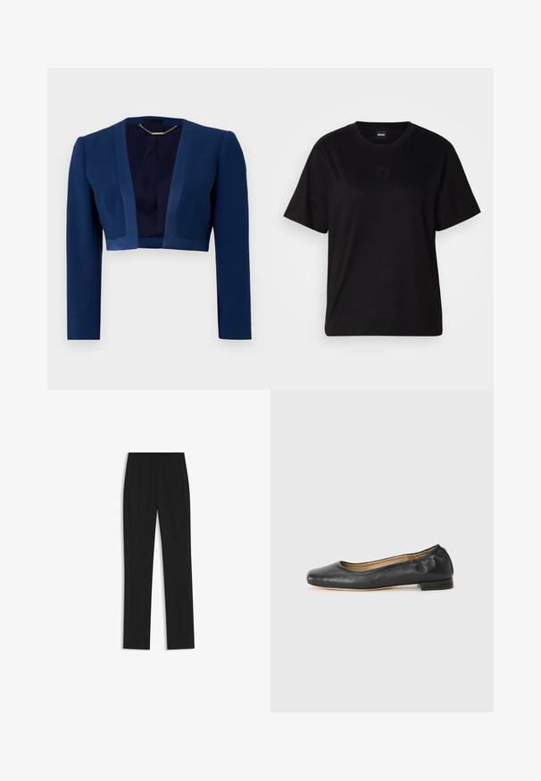 Tummansininen lyhyt takki pitkillä hihoilla, valmistettu sileästä kankaasta, jossa on syvä V-pääntie ja minimalistinen muotoilu.; Musta puuvillapaita, jossa on pyöreä kaula-aukko, lyhyet hihat ja brodeerattu logo rinnassa. Yksinkertainen, rento istuvuus ilman kuvioita.; Mustat räätälöidyt housut suoran lahkeen designilla, joissa on etutaskut ja sileä, teksturoitu kangas. Siistit, minimalistiset yksityiskohdat.; Musta nahkainen ballerina-malli, jossa on pyöreä kärki ja vähäistä ompelua. Matalat, suorakaiteen muotoiset korot ja sileä pinta. Huomaamaton sisävuoren yksityiskohta.