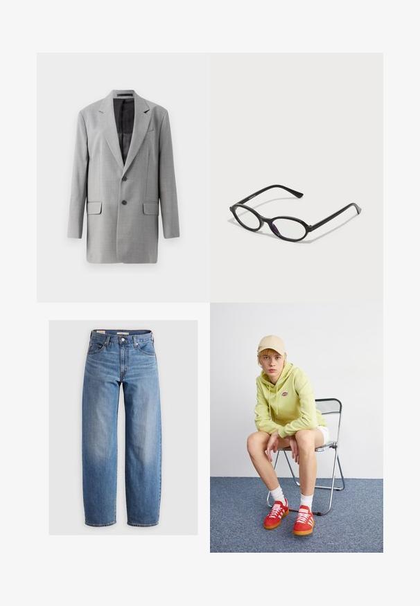 Šedý blazer s jednom ventilem, dvěma předními kapsami a dvěma knoflíky. Texturovaná tkanina se hladkým vnitřním podšívkou. Klopové límce.; Bílý krátký rukáv bavlněného trička s kulatým výstřihem a volným střihem, bez viditelných vzorů nebo grafik.; Světle modré džíny rovného střihu vyrobené z denimu. Obsahují klasický design s pěti kapsami a jemné vyblednutí podél nohavic.; Světle zelená mikina s logem, bílé kraťasy, červené tenisky s bílými pruhy, sedící na chromové skládací židli na neutrálním pozadí.; Černé brýle oválného tvaru s průhlednými purpurovými akcenty na čočkách. Rám má matný povrch a štíhlé, rovné nožičky.