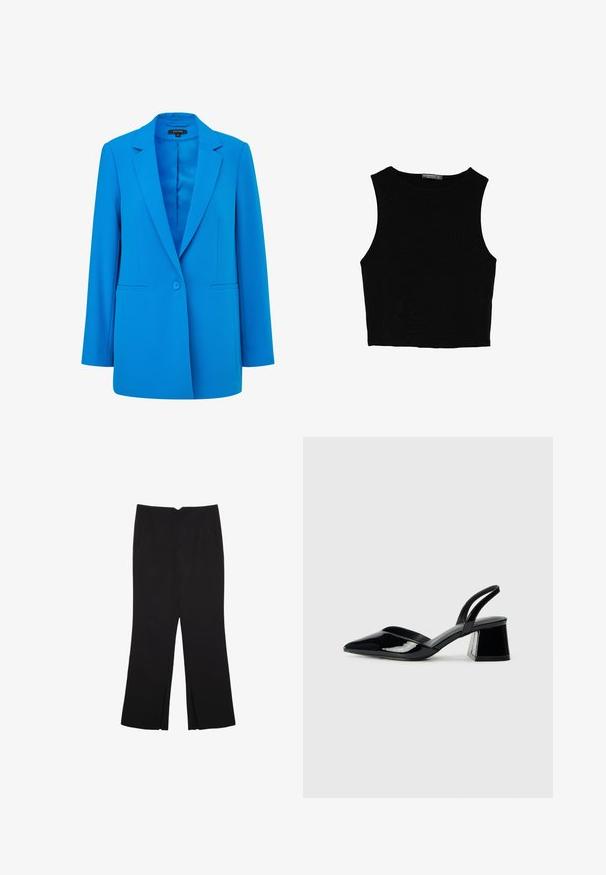 Světlá modrá šitá blazer s jedním knoflíkem, ostrými klopami a dvěma předními kapsami. Vyrobena z hladké látky s elegantní vnitřní podšívkou.; Černý bezsleeve crop top vyrobený z hladké tkaniny, s kulatým výstřihem a čistým, jednoduchým designem bez vzorů nebo kovových doplňků.; Černé kalhoty s rovným střihem, s předními kapsami a bočními rozparky na lemu. Vyrobené z jemné, hladké tkaniny. Vhodné na různé příležitosti.; Černé lakované kožené lodičky na pásku s špičatou špičkou a geometrickým blokovým podpatkem. Vyznačují se elegantním, minimalistickým designem a hladkým povrchem.