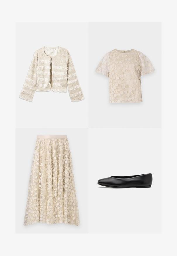 Crème-kleurige cropped nepbontjas met lange mouwen en horizontale textuurstrepen, open voorkant en ronde halslijn.; Beige blouse met bloem borduursels, doorschijnende pofmouwen, ronde halslijn en rits op de rug. Getextureerd bloemmotief op het voorpaneel.; Bloemrijke borduursels op een doorschijnende, crèmekleurige rok met een satijnen tailleband. Het ontwerp bevat kleine, delicate bloemen en bladeren.; Paul Smith TOPANGA - Ballerina's - black