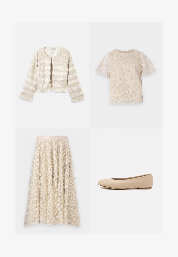 Kremowy skrócony płaszcz z futra syntetycznego z długimi rękawami i poziomymi teksturowanymi paskami, otwarty przód i okrągły dekolt.; Beżowa bluzka z kwiecistym haftem, przezroczystymi bufiastymi rękawami, okrągłym dekoltem i zamkiem błyskawicznym z tyłu. Teksturowany kwiatowy wzór na przednim panelu.; Kwiatowe hafty na przejrzystej, kremowej spódnicy z satynowym pasem. Wzór zawiera małe, delikatne kwiaty i liście.; Beżowe skórzane baleriny z zaokrąglonym noskiem, minimalnymi szwami, niskim obcasem oraz subtelnym logo z tyłu. Gładka, matowa tekstura.