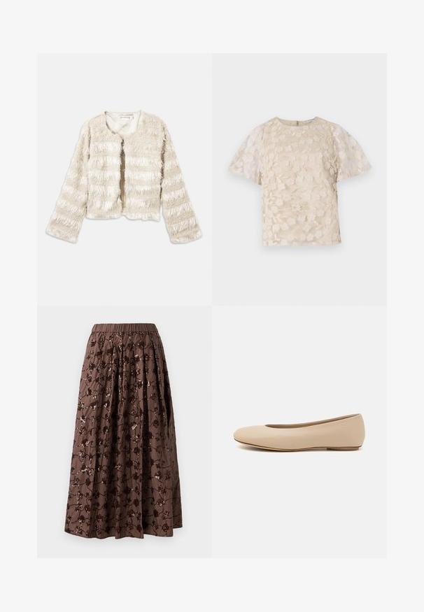 Krämfärgad kort faux fur-jacka med långa ärmar och horisontella texturerade ränder, öppen front och rundad halsringning.; Beige blus med blommönster broderat, genomskinliga puffärmar, rund halsringning och dragkedja i ryggen. Texturerat blommönster på frampanelen.; Brun midi kjol med elastisk midja, prydd med blommiga paljetter, plisserad design och en mjuk tygtextur.; Beige läderballetskor med rund tå, minimal sömnadsdetaljering, låg klack och diskret logotyp på baksidan. Slät, matt yta.