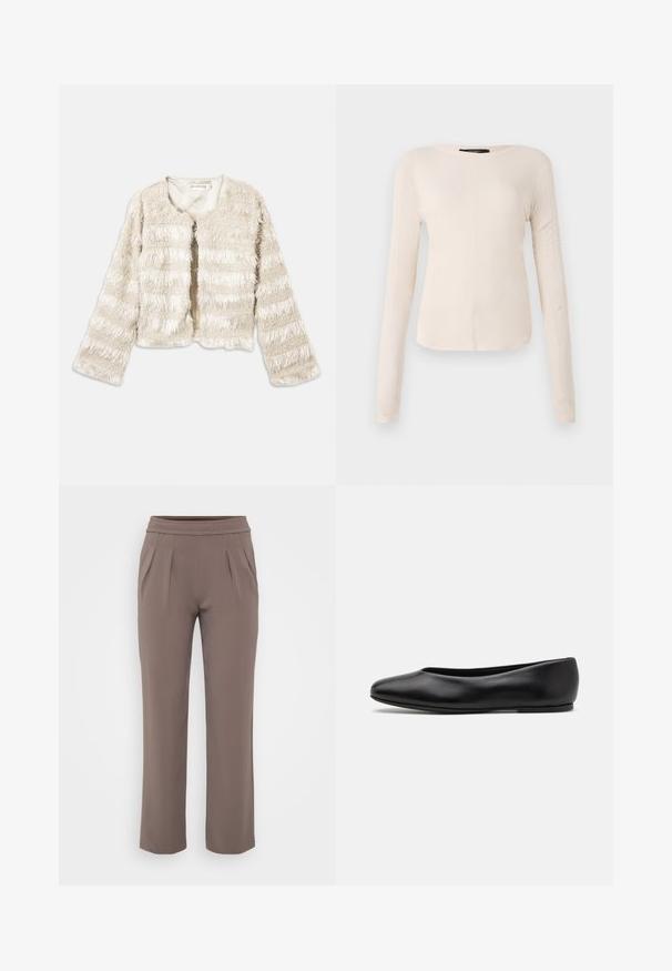 Veste en fausse fourrure de couleur crème, courte, à manches longues et avec des rayures texturées horizontales, à encolure arrondie et devant ouvert.; Haut à manches longues, beige clair avec un col rond. Fait dans un tissu doux, il présente une couture centrale et un ourlet légèrement courbé. Pas de métal visible.; Pantalons amples taupe avec taille élastique et plis à l'avant, fabriqués en tissu lisse.; Paul Smith TOPANGA - Ballerines - black