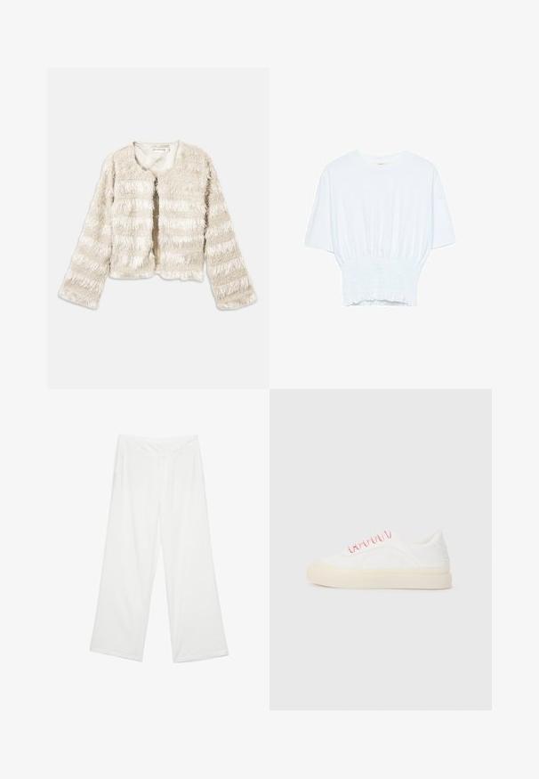 Cream-colored cropped faux fur jacket with long sleeves and horizontal textured stripes, open front, and rounded neckline.; White short-sleeve T-shirt with a relaxed fit and smocked texture at the waist. Made of soft, lightweight fabric.; Wide-leg trousers in white fabric, featuring a smooth texture, front pockets, and a classic waistband with belt loops.; White sneakers with pink laces, featuring a smooth leather design, round toe, and a beige rubber sole, includes stitching details.