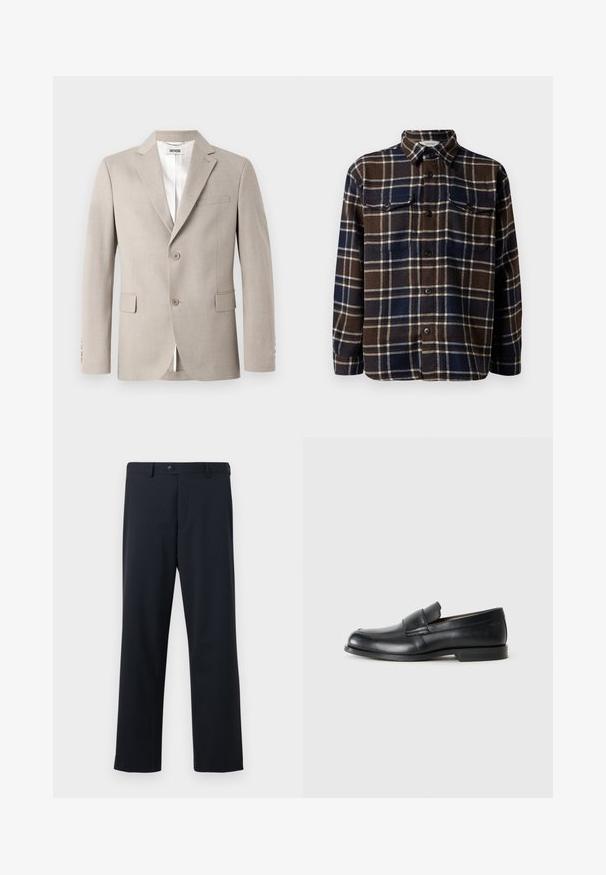 Blazer bege com lapelas com recorte, dois botões, bolso no peito e bolsos com aba. Feito de tecido texturizado, apresenta um forro branco.; Camisa de flanela xadrez castanho e azul marinho com frente de botão, dois bolsos no peito e colarinho clássico. Textura macia e peso médio.; Calças de marinha com um design de perna reta, apresentando um fecho frontal com botão e zíper, feitas de um tecido liso com uma textura subtil.; Mocassins de couro preto com bico arredondado, detalhes em costura e sola de borracha plana. Apresenta uma faixa larga sobre o peito do pé.