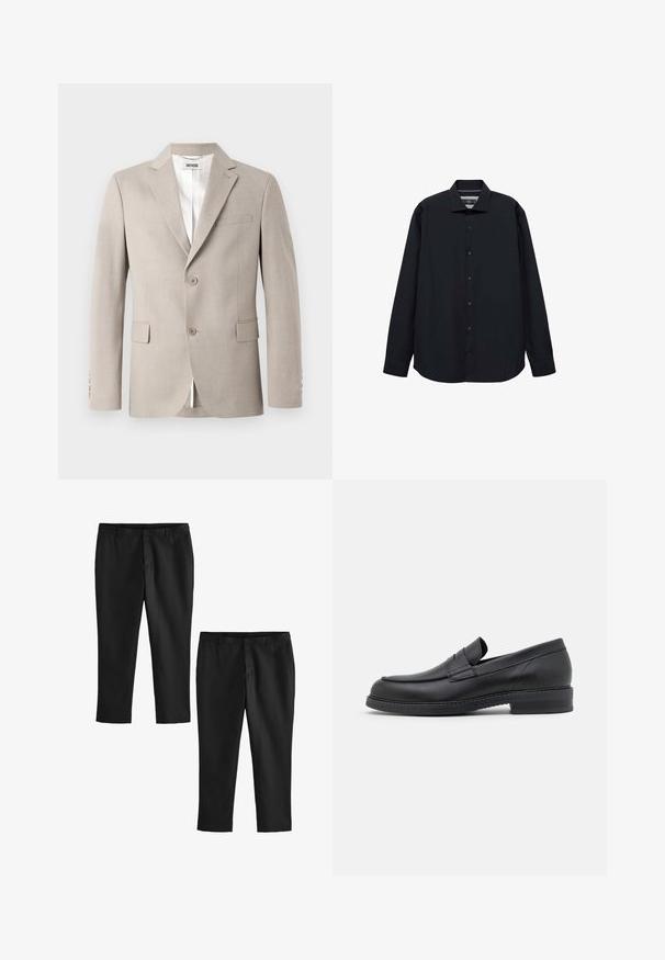 Beige blazer med spetsiga slag, två knappar, bröstficka och fackfickor. Tillverkad av strukturerad tyg, med vitt foder.; Svart långärmad skjorta i mjuk tyg. Har en knäppning framtill, krage och en avslappnad passform med rundad nederkant.; Svarta skräddarsydda byxor med en slät yta, med en rak ben-design och midjehöjd. Två par visas, ett avkortat.; Svarta läderloafers med rundad tå, sömnadsdetaljer och en låg, kraftig klack. Har en slät yta och en minimalistisk design.