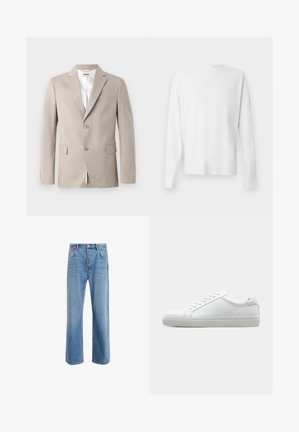 Bež bleizer, mille on nurgelised kraed, kaks nööpi, rindade tasku ja klapiga taskud. Valmistatud tekstureeritud kangast, millel on valge vooder.; Pikad varrukad, valge puuvillane särk ümmarguse kaelusega, külgedel lõhikud all ja sile tekstuur, nähtav tagant.; Heledad sinine teksapüksid otse lõikega, viie taskuga, nupuga sulgemine, minimaalne kulumine ja kontrastsed õmbluse detailid.; Valge tennisetoss, millel on sile nahk pealis ja madal profiil. Omab ümarat ninaosa, kuut silmust ja tekstuuriga kummist talda.