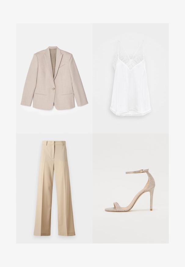 Bež strukturiran blazer, zapiranje z enim gumbom, zarezan ovratnik, teksturirana tkanina z majhnimi vzorci, dva sprednja žepa, nezašita notranjost.; Bela kamisola z oblikom v-izreza, tankimi naramnicami, strukturirani čipkastimi poudarki na ramenih ter ukrivljenim robom. Gladka tekstura tkanine.; Beige široke hlače iz gladkega materiala, z ravnim odprtjem spredaj in naborki, z vodilom na zadrgo in zankami za pas. Prilagojen kroj.; Jarke visoke pete s trakovi v metalik rožnato zlato, z teksturiranim zgornjim delom, odprtim prstom in zaponko na gležnju v zlatem detajlu.