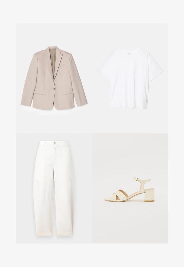 Beige structured blazer, single button closure, notched lapels, textured fabric with fine patterns, two front pockets, unlined interior.; White cotton t-shirt with short sleeves, round neckline, relaxed fit, and stitched hem. Label visible on the inside neck.; CLOSED RHANNON - Wide Leg - ivory; Beige patent leather heeled sandals with cross strap design, open toe, adjustable ankle strap, and a block heel. Smooth texture.