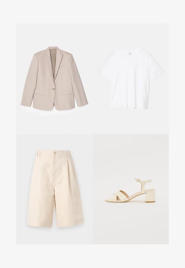 Beige structured blazer, single button closure, notched lapels, textured fabric with fine patterns, two front pockets, unlined interior.; White cotton t-shirt with short sleeves, round neckline, relaxed fit, and stitched hem. Label visible on the inside neck.; Beige linen shorts with a relaxed fit, featuring a button closure, pleated design, and knee-length cut. Smooth texture and simple style.; Beige patent leather heeled sandals with cross strap design, open toe, adjustable ankle strap, and a block heel. Smooth texture.