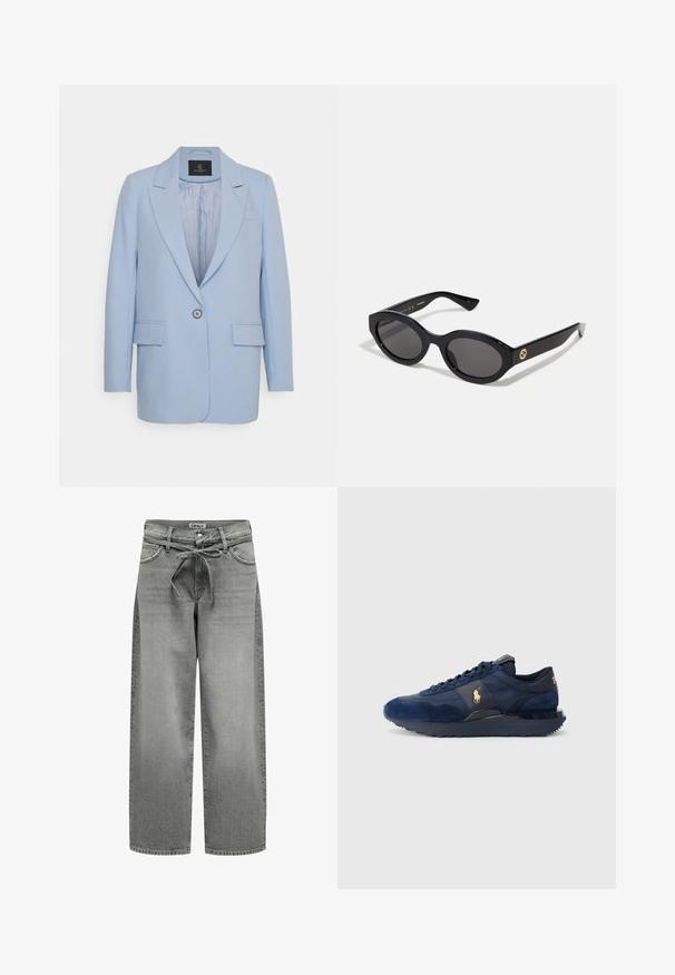 Jasnoniebieska marynarka z pojedynczym zapięciem na guzik, klapami z wycięciem, dwiema frontowymi kieszeniami i gładką podszewką. Prosty design, dopasowany krój.; Biała koszula zapinana na guziki, wykonana z gładkiej bawełny, z klasycznym kołnierzykiem, posiadająca prosty dół oraz beżowe guziki z przodu.; Szerokie spodnie dżinsowe w kolorze szarym z elastycznym pasem regulowanym sznurkiem oraz przednimi kieszeniami. Materiał ma lekko teksturowaną powierzchnię i wyblakłe wykończenie.; Granatowe buty sportowe z materiałów zamszowych i siateczkowych, z gumową podeszwą, sznurowanym zapięciem i złotym akcentem logo.; Czarne okulary przeciwsłoneczne w owalnym kształcie z ciemnymi szkłami i błyszczącą plastikową oprawką. Posiadają złote logo na zausznniku, co nadaje im elegancki i nowoczesny wygląd.; Czarna torba na ramię wykonana z tkaniny, z wyraźnym wytłoczonym logo w okrągłym kształcie. Gładka textura z kontrastującymi skórzanymi akcentami.