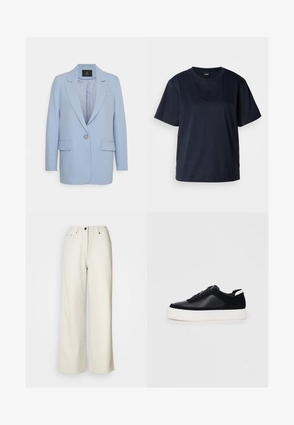 Blazer bleu clair avec une fermeture à un bouton, des revers crantés, deux poches avant et une doublure intérieure lisse. Design simple, coupe ajustée.; T-shirt bleu marine à manches courtes en coton doux. Il présente un col rond et un logo brodé subtil sur la poitrine.; Pantalons larges de couleur crème en tissu lisse. Dotés d'une taille mi-haute, d'une fermeture éclair et de deux poches avant avec des accents en matériel noir.; Sneaker noir avec des panneaux en cuir lisse et en daim, lacets plats, bout rond et semelle en caoutchouc blanche. Logo distinct au niveau du talon.