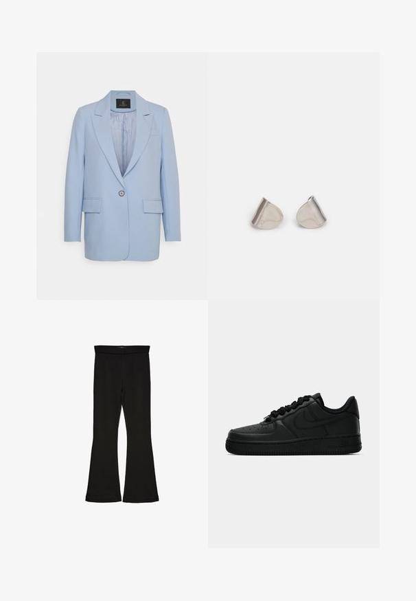 Gaiši zils žakets ar vienu pogu, ar uzgrieztām atlokām, diviem priekšējiem kabatām un gludu iekšējo oderi. Vienkāršs dizains, pielāgota piegriezuma.; Trīs garām piedurknēm veidotas augšdaļas, sakrautās: melna, pelēka un balta. Katram ir noapaļots kakla izgriezums un īsa dizaina forma ar gludu, vieglu audumu.; Melnas flared leggings, kas izgatavotas no stiepjama auduma. Iezīmējas ar platu jostasvietu un gludu tekstūru, ar pieguļošu siluetu, kas paplašinās pie apakšmalas.; Melni Nike Air Force 1 kedu ar ādas virsējo daļu, noapaļotu purngalu, auklu aizdari un strukturētu zoli, ar smalku logotipu sānos.; Sudraba metāla auskari ar gludu, asarveida formu un pulētu apdari. Smalkas gravējumi pievieno detalizāciju. Minimālisma dizains.