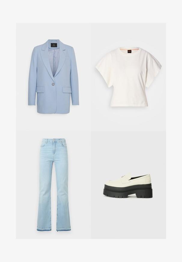 Blazer bleu clair avec une fermeture à un bouton, des revers crantés, deux poches avant et une doublure intérieure lisse. Design simple, coupe ajustée.; T-shirt blanc cintré, manches courtes et larges, en coton doux, décolleté rond avec une discrète bordure orange, design minimaliste, sans motifs ni graphiques.; Jean flare bleu clair en denim, avec une taille haute, des poches avant et un ourlet brut au niveau des poignets pour un look décontracté.; Mocassins à plateforme en cuir blanc avec une semelle en caoutchouc noir épais, présentant un bout arrondi et des coutures décoratives minimales.