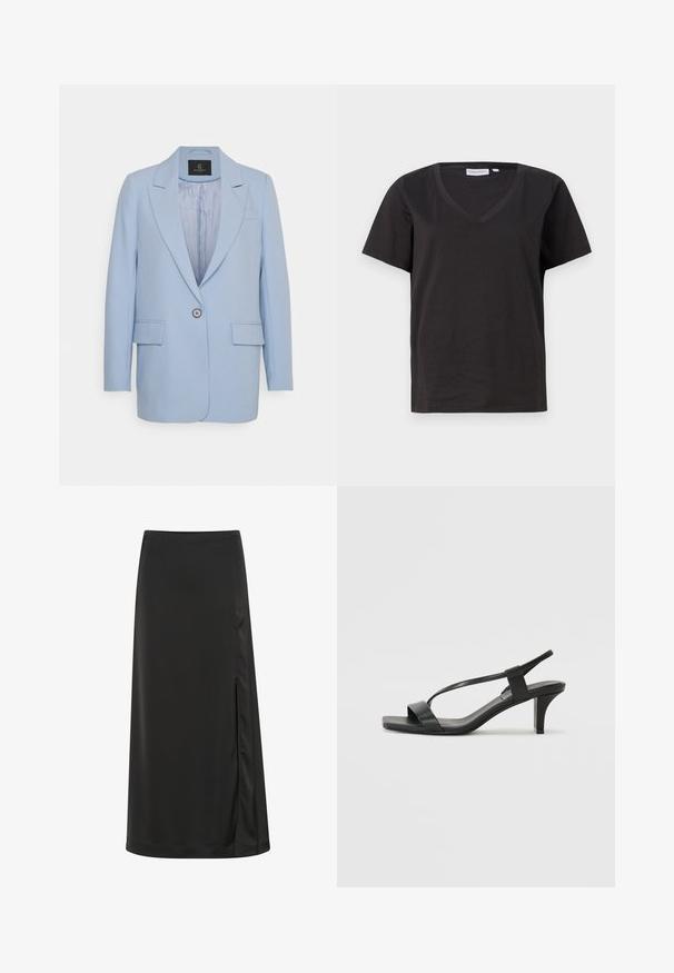Gaiši zils žakets ar vienu pogu, ar uzgrieztām atlokām, diviem priekšējiem kabatām un gludu iekšējo oderi. Vienkāršs dizains, pielāgota piegriezuma.; Melnas kokvilnas T-krekls ar V veida kakla izgriezumu un īsām piedurknēm. Vienkāršs dizains ar regulāru piegriezumu un bez rakstiem vai akcentiem.; Melnā midi svārki, izgatavoti no gludas auduma, ar sānu šķēlumiem un taisnu siluetu ar maigu spīdumu. Pielāgota apakšmala.; Melni papēžu sandaļi ar šauru siksniņu dizainu, kvadrāta purngalu un vidēja augstuma blokveida papēdi. Izgatavoti no gludas ādas ar matētu apdari.