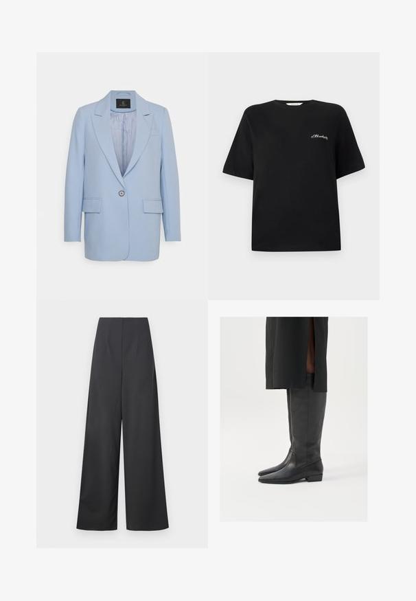 Hellblaues Blazer mit einem einfachen Knopfverschluss, mit Revers, zwei Fronttaschen und einem glatten Innenfutter. Einfaches Design, taillierte Passform.; Schwarzes Baumwoll-T-Shirt mit kurzen Ärmeln und Rundhalsausschnitt. Verfügt über weiße gestickte Schrift im Bereich der linken Brust. Glatte Textur.; Hochtaillierte, weit geschnittene Hose aus dunkelgrauem Stoff mit glatter Textur. Verfügt über keine sichtbaren Taschen oder Verzierungen.; Schwarze kniehohe Stiefel aus glattem Leder mit spitzer Zehe und niedrigem Blockabsatz; minimale Nähte und schlankes Design.