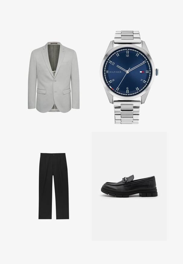 Heller grauer Blazer mit einem Knopfverschluss, Reverskragen und zwei Vordertaschen. Strukturierter Stoff und teilweise gefüttertes Innenfutter.; Set aus acht schwarzen Baumwoll-T-Shirts mit kurzen Ärmeln und Rundhalsausschnitten, die ein schlichtes Design und eine weiche Textur aufweisen.; Schwarze Hose mit geradem Schnitt, aus einem glatten Stoff gefertigt. Verfügt über Vorderfalten und einen einzelnen Knopfverschluss an der Taille.; Schwarzer Lederloafer mit runder Zehenform, einem dekorativen Riemen und Hardware sowie einer robusten, strukturierten Sohle. Glatte Oberfläche mit dezenten Details.; Silberne Metall-Uhr mit einem gebürsteten blauen Zifferblatt, weißen Stundenmarkierungen und einem Datumsanzeiger. Verfügt über ein verlinktes Metallarmband und ein Markenlogo.