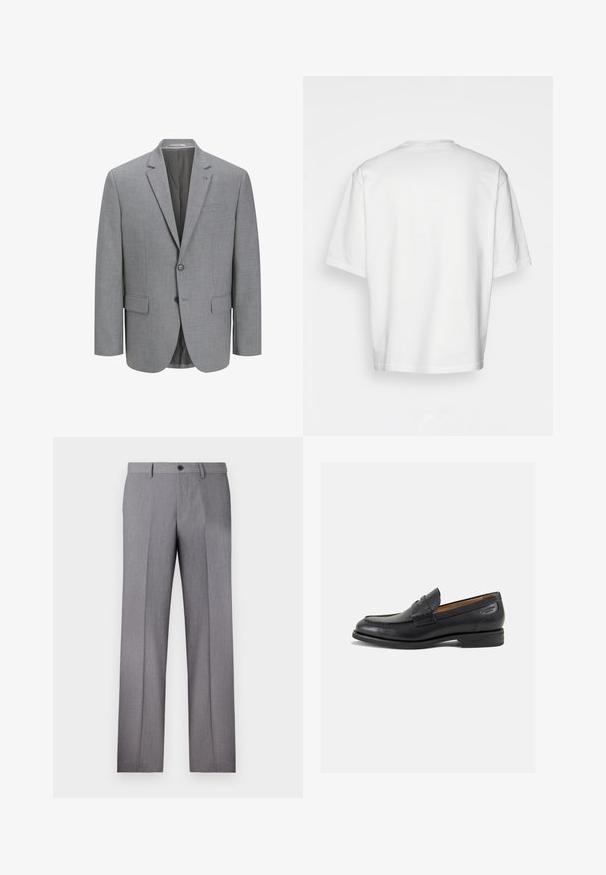Sivi blejzer iz teksturirane tkanine, z dvojnim gumbom, zareznimi reverji, enim žepom na prsih in dvema žepoma na straneh. Podložena notranjost.; Bela kratka majica s kratkimi rokavi, ohlapnega kroja, okroglega izreza, gladkega bombažnega materiala, brez okrasitev na hrbtni strani, ravna obroba, brez vzorcev ali naglasov.; Sive prirejene hlače z ravnim sprednjim delom, dvema stranskima žepoma in enojnim gumbom za zapiranje. Gladka tekstura z diskretno črtasto vzorcem.; Črne usnjene loafers cipele z gladko površino, zaobljenim nosom in dekorativnim šivom na vampu. Nizek zloženi peti in rahla sijaj.