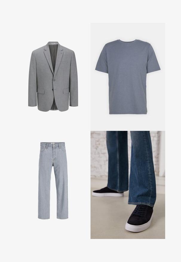 Blazer cinza feito de um tecido texturizado, fecho de dois botões, lapelas de corte em notch, um bolso no peito e dois bolsos laterais. Interior forrado.; T-shirt cinza de manga curta com gola redonda, feita de um tecido suave em mistura de algodão. Design simples, sem padrões ou detalhes.; Jeans de denim azul claro com um corte relaxado, design de perna reta, costura visível, dois bolsos frontais e fecho de botão.; Tênis de camurça azul escuro com sola de borracha branca e atacadores, combinados com jeans de perna larga em um tom de azul médio.