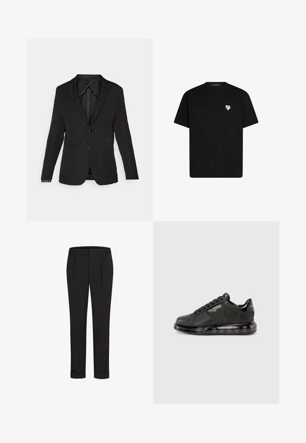 Black blazer with a slim fit, notched lapels, a single button closure, and side pockets. Features patterned fabric on sleeves.; Black cotton t-shirt with short sleeves, round neckline, and a small white heart graphic on the left chest area.; Black trousers with an elastic waistband, featuring a straight-leg design and rolled cuffs. Made of smooth, woven fabric with no patterns.; Black sneaker with smooth leather upper, rounded toe, and lace-up design. Features a clear, cushioned sole with a dark gradient.