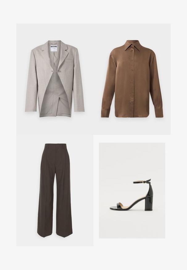 Helehall suss, millel on tekstuuriline viimistlus, üks rindade tasku ja nähtav sisemus unikaalse lõike ning hõbepandla detailiga.; Pruun pikkade varrukatega nööbitav särk terava krae ja mansettidega, esitatud lihtsa valge tausta ees.; Tumepruunid lai jalad püksid kõrge vöökohaga, millel on korralikult pressitud kortsud, sile tekstuur ja täpselt sobiv lõige.; Must musta nahk sandaalid laia kanna, avatud varvaste ja ankletihaga, millel on kuldne pandla. Sile tekstuur ja elegantne disain.