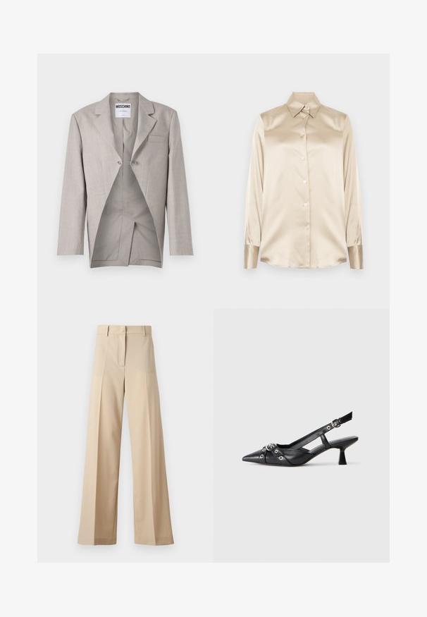 Šviesiai pilkas švarkas su tekstūruotu paviršiumi, turintis vieną krūtinės kišenę ir matomą vidų su unikaliu kirpimu ir sidabriniu užsegimu.; Smėlio spalvos satino marškiniai su smailiu apykakle, pilno ilgio rankovėmis, sagų uždarymu ir šiek tiek blizgesniais rankogaliais. Be raštų ar akcentų.; Smėliniai plačių kojų kelnių pagamintos iš lygaus audinio, su plokščiu priekiu su klostėmis, užtrauktuku ir kilpomis diržui. Visapusiškai pritaikyta forma.; Juodas odinis slingback tipo batai su smailiu priekiniu atvartu, dekoratyvinėmis sagtimis su metaliniais akyčiais ir žemu blokiniu kulnu. Saldus paviršius.