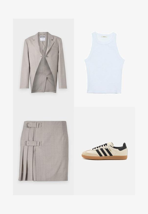 Light gray blazer with a textured finish, featuring a single chest pocket and a visible interior with a unique cut and silver clasp detail.; White tank top, ribbed texture, round neckline, sleeveless design, fitted shape, subtle branding on the label inside the collar area.; Gray skirt featuring a textured fabric, side pleats, and two buckle accents for adjustable fit. Classic straight shape, knee-length design.; Beige athletic shoe with black stripes, gum rubber outsole, and black accents. Features a smooth leather upper and a rounded toe design.