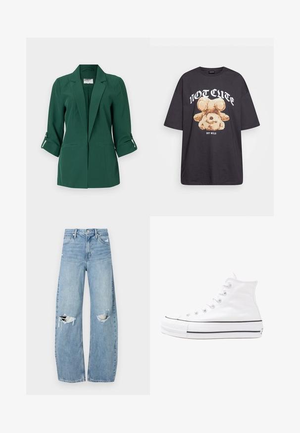 Zelený přizpůsobený blazer s límcem, předními kapsami a vyhrnutými rukávy. Vyrobeno z hladké látky se strukturovaným designem.; Černé oversized tričko s grafikou medvěda a textem „NENÍ CUTE, ALE DIVOKÝ“ v tučném bílém písmu. Bavlněný materiál.; Světle modré džíny s vysokým pasem vyrobené z denimu. Mají široké nohavice, dvě roztržené oblasti na kolenou a klasický pětikapsový střih.; Bílé vysoké plátěné tenisky s černou gumovou podrážkou, přední gumovou špičkou a šesti očky na tkaničky, se čistým, minimalistickým designem.