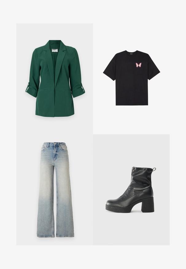 Grøn skræddersyet blazer med krave, forlommer og opsmøgede ærmer. Lavet af glat stof med en struktureret design.; Sort bomulds T-shirt med korte ærmer, prydet med en lille pink sommerfugl grafik på venstre bryst. Rund hals design med en afslappet pasform.; Lyseblå vid jeans lavet af denim, med høj talje, fem lommer og synlige sømme langs sømmene.; Sorte ankelstøvler lavet af glat læder, med en sidelukning, kraftig struktureret hæl og rundt tådesign.