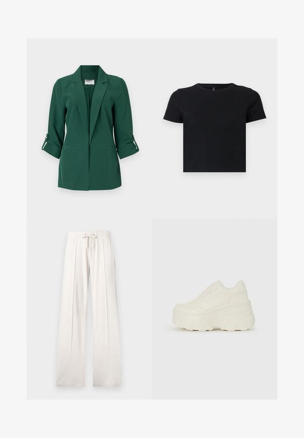 Blazer verde ajustado con solapa, bolsillos frontales y las mangas remangadas. Fabricado con una tela suave y un diseño estructurado.; Camiseta negra de manga corta hecha de algodón suave. Presenta un escote redondo y un diseño ajustado. Textura lisa sin patrones ni acentos.; Pantalones de chándal de color beige claro, confeccionados en tejido suave, que cuentan con una cintura con cordón, piernas anchas y costuras verticales, con una textura lisa.; Zapatillas de plataforma blancas con un upper suave similar al cuero, forma redondeada, cuello acolchado y suela de goma texturizada con surcos definidos.