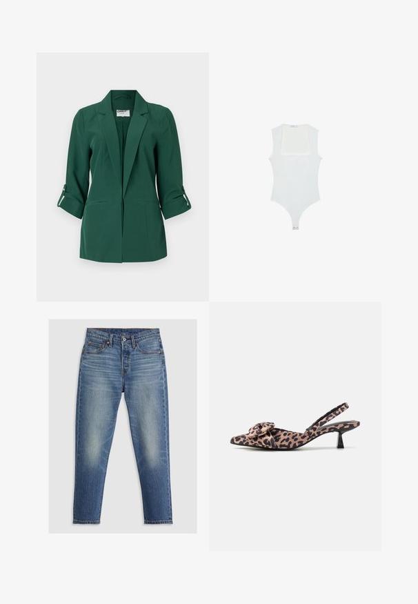 Blazer verde su misura con colletto, tasche frontali e maniche arrotolate. Realizzato in tessuto liscio con un design strutturato.; Body bianco con scollatura quadrata, design senza maniche, texture liscia e chiusura a pressione sul fondo. Stile semplice e minimalista.; Jeans in denim blu chiaro con taglio dritto, cinque tasche, patta con bottoni e leggeri sbiadimenti sulle cosce. Cuciture a contrasto visibili.; Décolleté con cinturino a slingback in tessuto a stampa leopardata con un accessorio a fiocco, dotate di un tacco basso nero e una texture liscia.