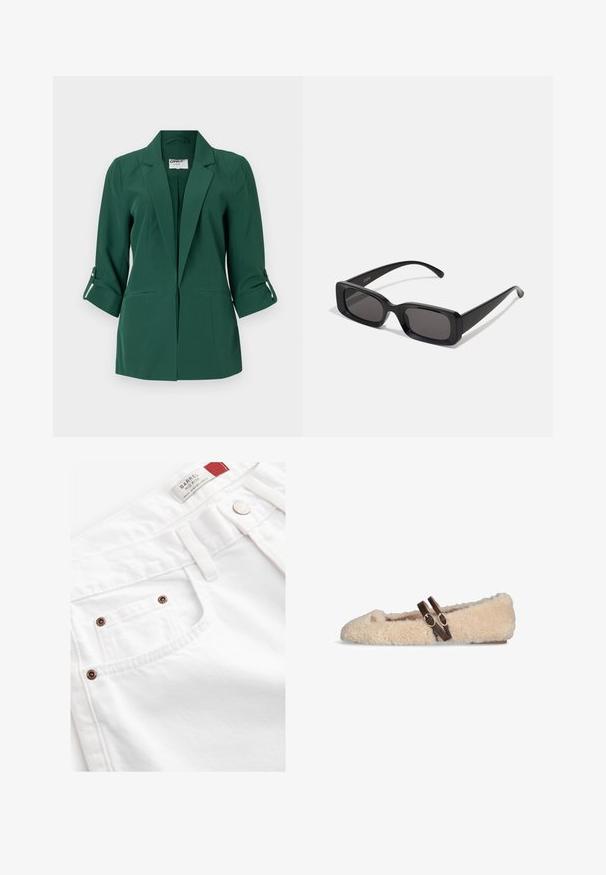 Groene op maat gemaakte blazer met een kraag, voorzakken en opgerolde mouwen. Gemaakt van een gladde stof met een gestructureerd ontwerp.; Beige langemouwtop met een ronde hals en geraffineerde details aan de zijkanten, vervaardigd uit een zachte, gestructureerde stof.; Witte denim shorts met een mid-rise ontwerp, vijf-pocket stijl en koperen hardware accenten. Textuurstof met gestikte details.; Beige, pluizige platte schoen met twee donkerbruine, verstelbare gespbandjes over de bovenkant en een klein gouden embleem nabij de tenen.; Zwarte rechthoekige zonnebril met donkere lenzen, glanzende afwerking, brede pootjes en een robuust frameontwerp. Gegraveerde merknaam op één van de pootjes.; Witte leren handtas met een gebogen klep, verstelbare schouderriem en zilveren hardware accenten. Gladde textuur, minimalistisch ontwerp, middelgroot formaat.