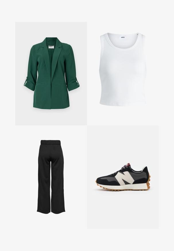 Zielona marynarka dopasowana z kołnierzem, przednimi kieszeniami i podwiniętymi mankietami. Wykonana z gładkiego materiału o strukturalnym designie.; Biały prążkowany top na ramiączkach z okrągłym dekoltem, bez rękawów i skróconej długości. Metka z napisem "JJXX." Gładka faktura materiału.; Czarne, szerokie spodnie z elastycznym pasem, wykonane z gładkiego materiału. Charakteryzują się prostym wzornictwem, bez kieszeni i widocznych szwów.; Czarno-szare zamszowe sneakersy z dużym kremowym logo "N", purpurowymi sznurówkami i teksturowaną gumową podeszwą.