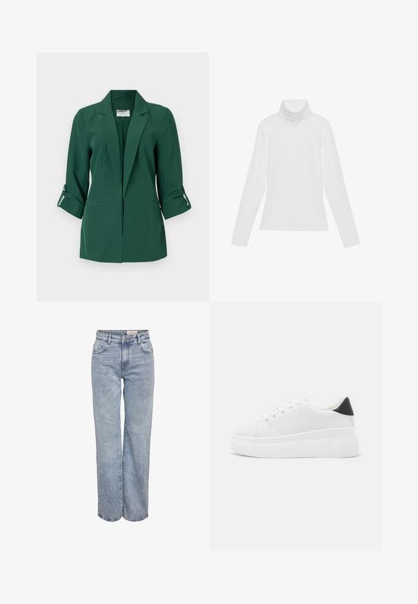 Grønn skreddersydd blazer med krage, frontlommer og oppbrettede mansjetter. Laget av glatt stoff med en strukturert design.; Hvit langermet høyhalset topp laget av glatt, elastisk stoff. Har høy krage og tettsittende design, uten synlige mønstre eller dekorasjoner.; Lys blå vide jeans laget av denim, med høy midje, fem-lommers design og subtile falminger for et slitt utseende.; Hvite plattform sneakers laget av glatt syntetisk materiale, med rund tå, snøring og en strukturert gummisåle. Svart hæl akcent.