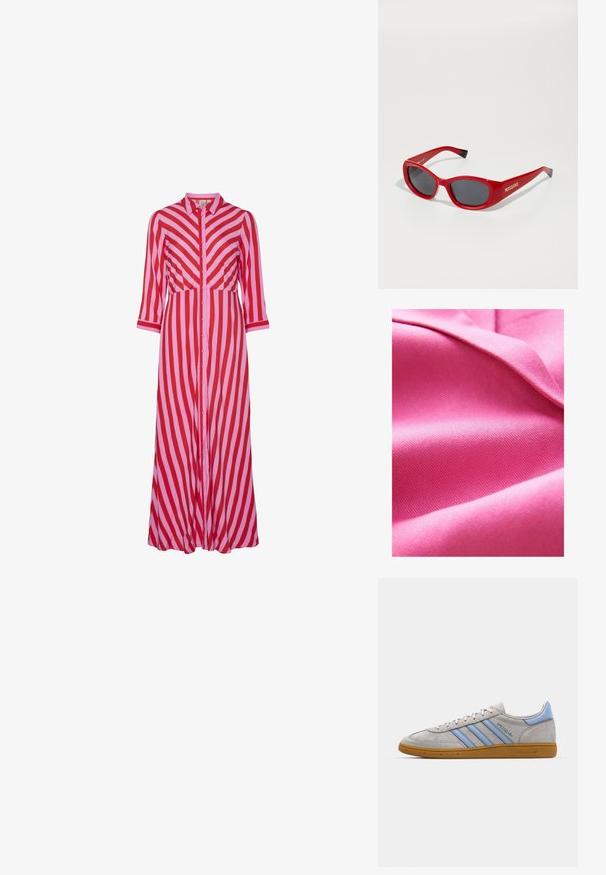 Gelaagd roze stof, glad met een lichte glans, met een diagonale weefpatroon en een zachte val. Rijke kleurverzadiging vergroot de visuele aantrekkingskracht.; Lange button-up jurk met afwisselend rode en roze diagonale strepen. Gemaakt van lichtgewicht materiaal met driekwart mouwen.; Grijze suède sneaker met lichtblauwe strepen, rubberen gumzool en logo-accenten. Laag model met ronde neus en vetersluiting.; Rode plastic zonnebril met een slank, ovaal frame. Bevat donkere lenzen en gouden branding aan de zijkant. Zwarte accenten op de uiteinden van de steunen.; Geweven rieten clutch tas in een rechthoekige vorm, met een tan leren schouderband en hardware in zilverkleur, in een natuurlijke beige kleur en textuur.