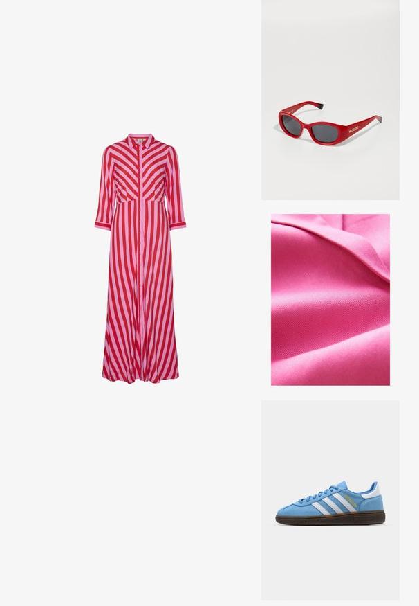 Tissu rose texturé, lisse avec un léger éclat, présentant un motif de tissage diagonal et une tombée douce. La saturation riche des couleurs augmente l'attrait visuel.; Robe longue à boutons avec des rayures diagonales rouges et roses alternées. Fabriquée en tissu léger avec des manches trois-quarts.; Baskets en suède bleu clair avec des rayures en cuir blanc, une semelle texturée marron et un détail de logo doré. Design basse avec un bout rond.; Lunettes de soleil en plastique rouge avec une monture fine et ovale. Elles possèdent des verres sombres et un logo doré sur le côté. Des accents noirs au niveau des branches.; Pochette en paille tissée de forme rectangulaire, dotée d'une bandoulière en cuir beige et de ferrures en métal argenté, avec une couleur et une texture beige naturel.
