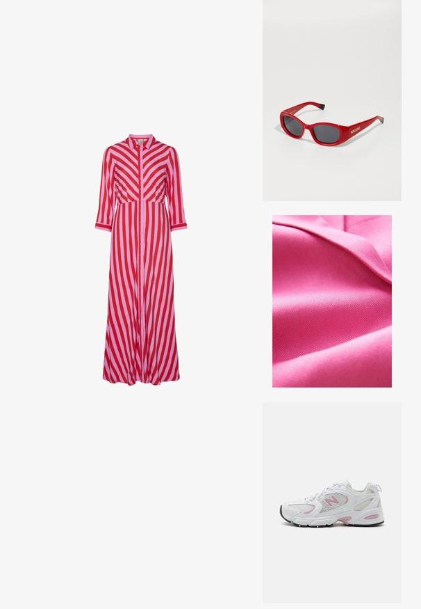 Strukturiertes pinkes Gewebe, glatt mit einem leichten Glanz, das ein diagonales Webmuster und einen weichen Fall aufweist. Die satten Farben verstärken die visuelle Anziehungskraft.; Langes Hemdkleid mit abwechselnden roten und rosa diagonalen Streifen. Hergestellt aus leichtem Material mit Dreiviertelärmeln.; Weiße Sportschuhe mit Obermaterial aus Mesh und Synthesematerial, pinken Akzenten, gepolstertem Kragen und schwarzer Gummisohle. Mit sichtbaren Perforationen und Logo.; Rote Plastiksonnenbrille mit einem schlanken, ovalen Rahmen. Verfügt über dunkle Gläser und goldene Brandingdetails an der Seite. Schwarze Akzente an den Enden der Bügel.; Woven Straw-Clutch in rechteckiger Form, mit einem hellbraunen Ledertrageriemen und silberfarbener Hardware, in einer natürlichen beige Farbe und Textur.