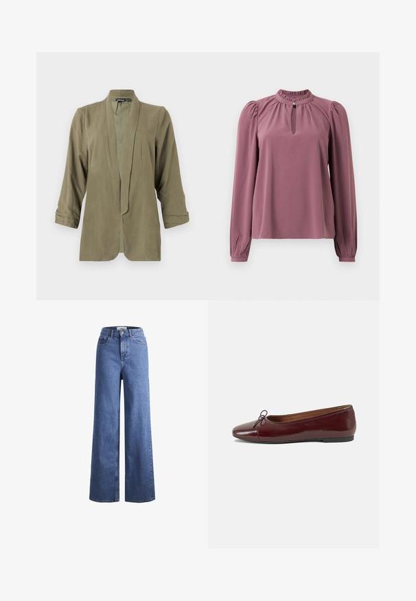 Olive rohelise värvusega kerge bleiser, avatud esiosaga disain, kolme neljandiku pikkustega varrukad, pehme tekstuur, esiosal volangid, ilma kinnituste või mustrickingeta.; Pika-sleeve lillebluu, millel on kogutud krae, võtmeaugu dekoltee nööpide kinnitusega ja veidi puhvne õlavarred.; Heled sinise denimist laiad jalad, kõrgema talje ja kahe eesmise taskuga, nähtavate õmblustega. Omab nuppu ja luku sulgemist.; Burgundi patendnahk kingad balletitüüpi, ümmarguse ninaosa, ees väike paelaaktsent ja madal must kummist tald. Sile tekstuur.